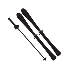 Simple black vector icon of skis and poles, representing skiing on white background