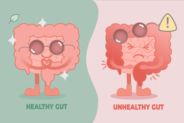 Healthy vs Unhealthy Gut Characters with Facial Expressions