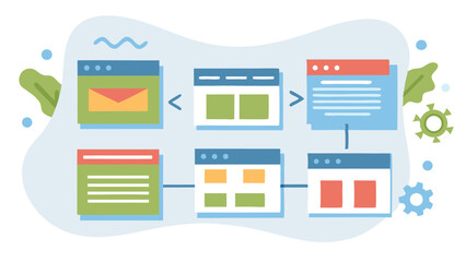 Illustration of connected web pages showing workflow and process management diagram design concept