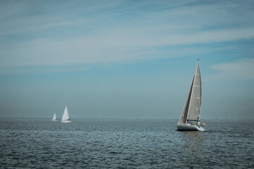 Segelyacht auf dem IJsselmeer mit 2 weiteren weißen Segelbooten im Hintergrund