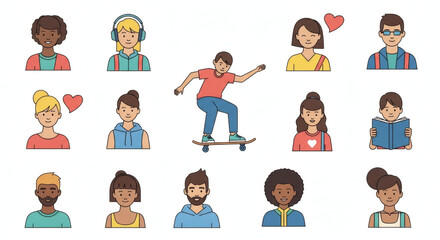 Fototapeta premium Youth avatars and skateboarder characters in flat design isolated on white background for social media