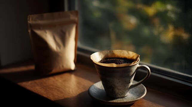 A coffee dripper setup in natural morning light