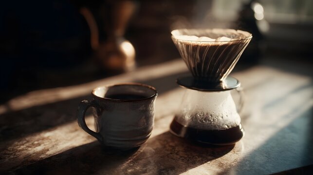 Coffee dripper setup in natural morning light