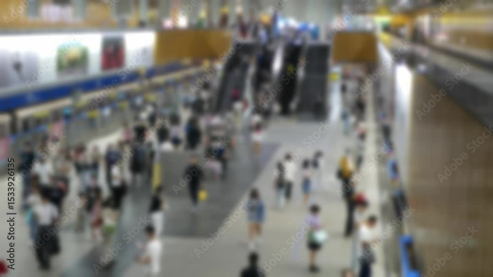 Canvas Prints out of focus blur top down view to passengers traveller walking on subway platform station after get