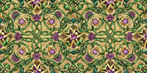 Intricate floral pattern design featuring vibrant purple flowers and lush green vines.