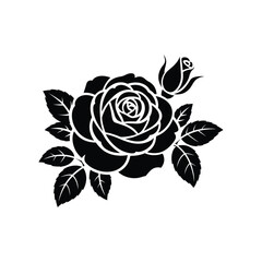 Black Rose Silhouette with Leaves and Buds for Tattoos, Stickers, and Decorative Art