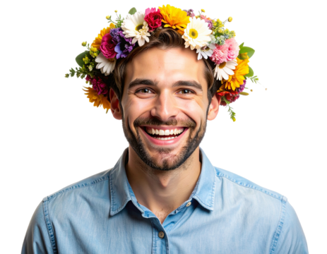 Playful Young Man with Flower Crown and Joyful Expression, Transparent Background