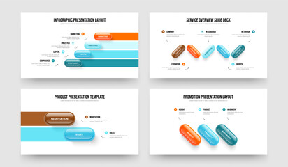 Creative Analysis Four Five Two Three Step Diagram Slide Layout Vector Illustration Bundle. Advertising Innovation 4 5 2 3 Element Infographic Presentation Design Set.
