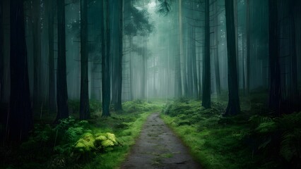 Fototapeta premium Enchanting pathway amidst tall trees in a misty and evocative woodland landscape