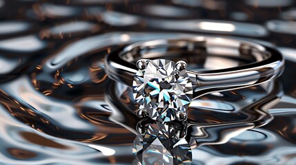 Exquisite diamond engagement ring closeup. The ring is made of white gold and features a round brilliant cut diamond.