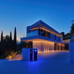 Modern Villa at Night with Electric Vehicle Charger