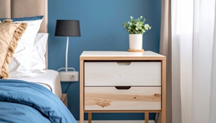 Wooden cabinet beside a cozy bed against a light blue wall