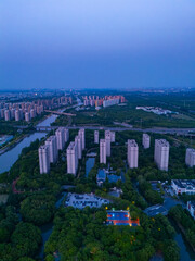 Aerial view of urban scenery in the suburbs at night, Shanghai.