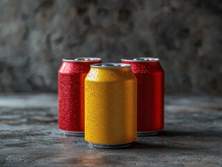 Three beverage cans, red, yellow, and red, on a dark surface