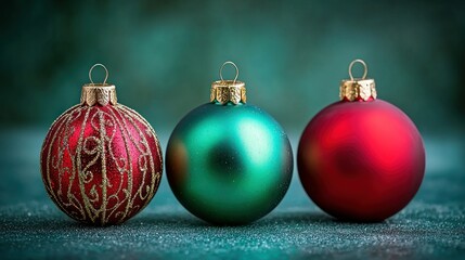 Three Christmas ornaments, red, teal, gold