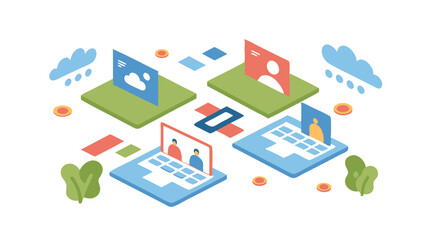 Obraz premium Isometric illustration of online communication with clouds and profile cards shown clearly