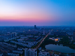Aerial view of urban scenery in the suburbs at night, Shanghai.