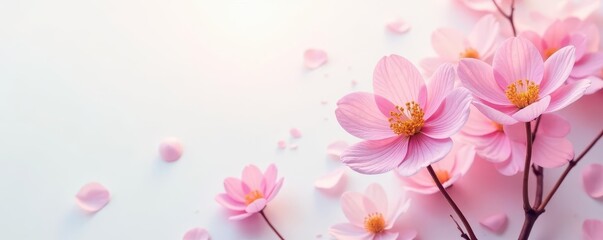 Fototapeta premium floating flowers on white background with soft pink hues and subtle movement, floral arrangement, calm water, gentle movement