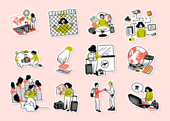 Cartoon Color Migration Stories Concept Different Scenes Sticker Set Flat Design Style. Vector illustration of Choosing Country for Moving