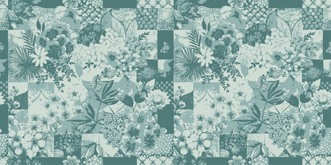 Intricate teal floral pattern showcasing various botanical elements and textures.