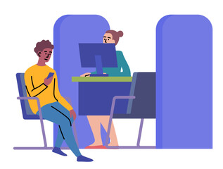 Cartoon Color Character Client Guy and Manager at Bank Office Room Providing Banking Services Concept Flat Design Style. Vector illustration
