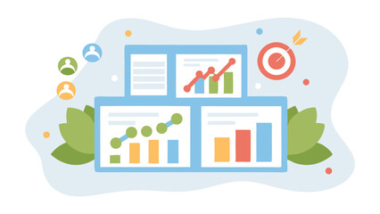 Obraz premium Illustration of charts and graphs showing data analysis with target and user icons on a light background