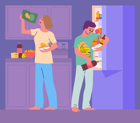 Cartoon Color Characters Guy at Refrigerator and Girl eats Chips Night Snack Concept Flat Design Style. Vector illustration of Late Night Snacking