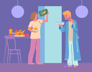 Cartoon Color Characters Couple at Refrigerator and Night Snack Concept Flat Design Style. Vector illustration of Late Night Snacking
