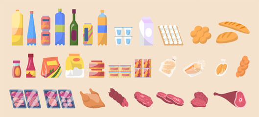 Cartoon Color Different Types Food for Supermarket Shelving and Refrigerator Set Nutrition Concept Flat Design Style. Vector illustration