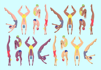 Cartoon Color Characters People Professional Swimmers Different Skin Tones Concept Flat Design Style. Vector illustration of Jumpers into Pool