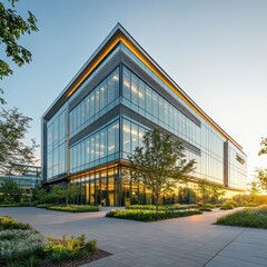 Modern Glass Office Building at Sunset