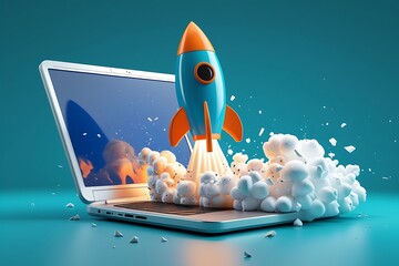 Rocket launching from laptop screen startup success