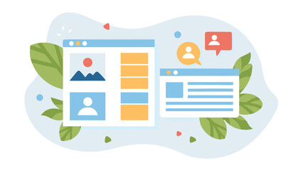 Illustration of two web pages with profile icons and leaves on a light blue background