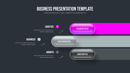 Project Development 3 Element Infographic Frame Design. Professional Innovation Slideshow Layout Vector Illustration. Business Growth Three Step Diagram Slide Template.