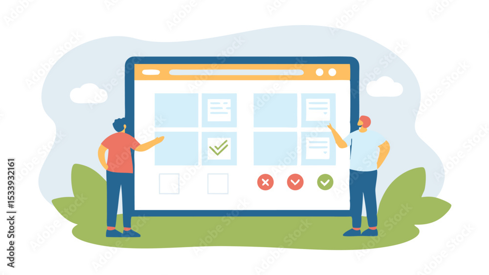 Poster two people interacting with a large screen displaying a grid of tasks with checkmarks and x marks