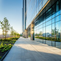 Modern Glass Building Exterior and Landscaped Walkway
