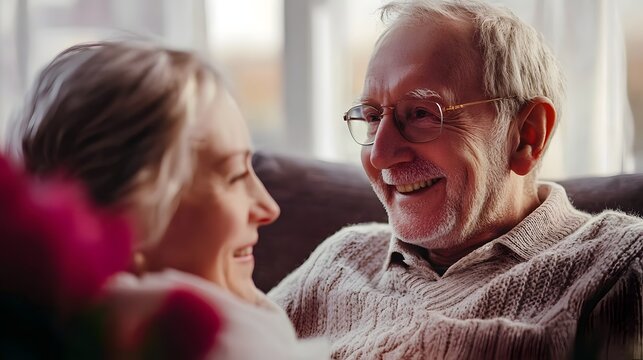 A joyful elderly couple smiling warmly at each other while sitting together indoors.
Concept: Love in old age, companionship, emotional connection, aging gracefully, senior relationships, warmth, and  - Powered by Adobe
