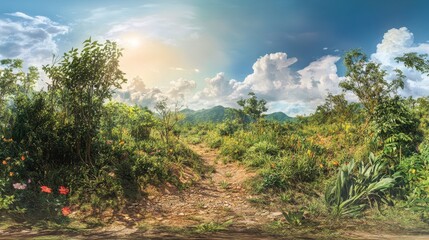 Panoramic view of a sunny path through lush tropical vegetation and mountains under a partly cloudy sky.