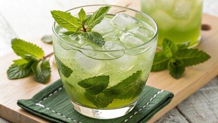 tea infused cocktails concept Refreshing mint cocktail in a glass garnished with mint leaves on a wooden surface.
