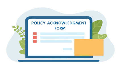 Illustration of a laptop displaying a policy acknowledgment form with plant decoration around it