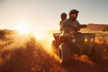 man riding ATV with passenger in dusty sunset landscape wearing helmets for safety and outdoor adventure excitement
