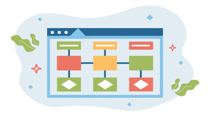 Illustration of a flow chart diagram inside a web browser window with decorative elements around it