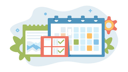 Illustration of a calendar with a checklist and a graph with decorative elements around it