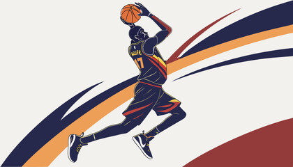 Fototapeta premium Basketball player in motion performing slam dunk, wearing dark uniform with vibrant stripes on abackground. Concept of athleticism. Ai generative 