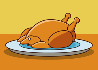 Roast turkey bird on a plate for Thanksgiving or harvest festival. Baked grilled chicken on a plate vector cartoon illustration