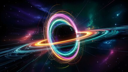 Abstract Black Hole Illustration with Vibrant Accretion Disk and Light Distortion Effects, Depicting Cosmic Phenomena and Astrophysical Concepts