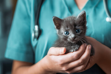 veterinarian holding black kitten with blue eyes in hands, close-up of small pet, caring animal care and medical background, gentle touch and trust