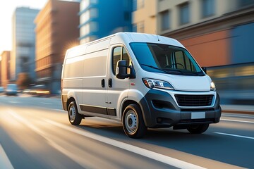 White delivery van driving fast on city street