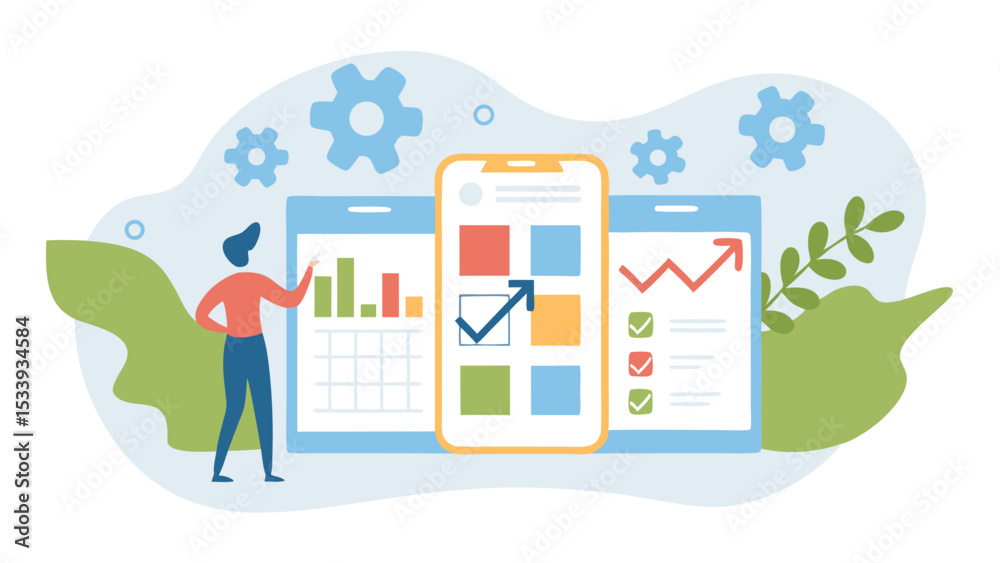 Wall mural man analyzing data on multiple screens with charts graphs and a mobile device interface displayed cl