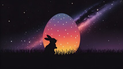 Whimsical Easter Night Scene with Galaxy-Painted Egg and Rabbit Silhouette, Evoking Magic and Holiday Wonder